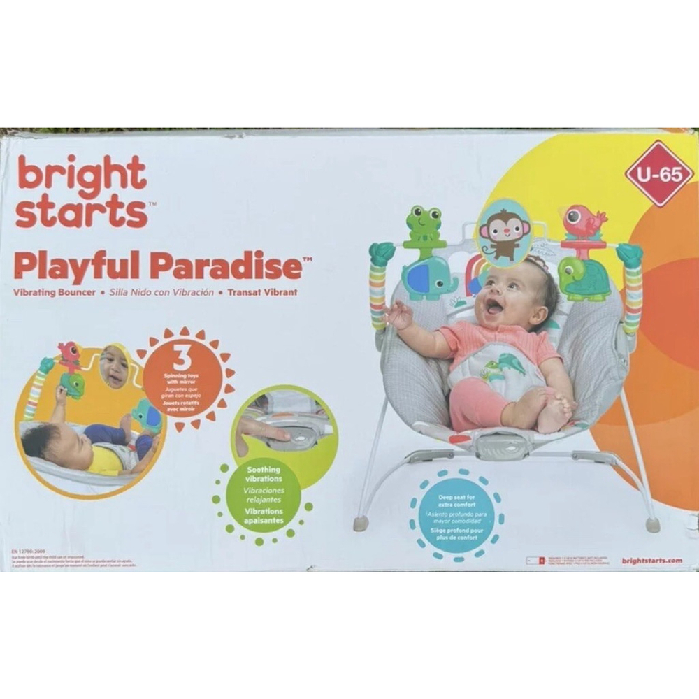 Bright Starts Playful Paradise Comfy Baby Bouncer Seat w/Soothing Vibration•New